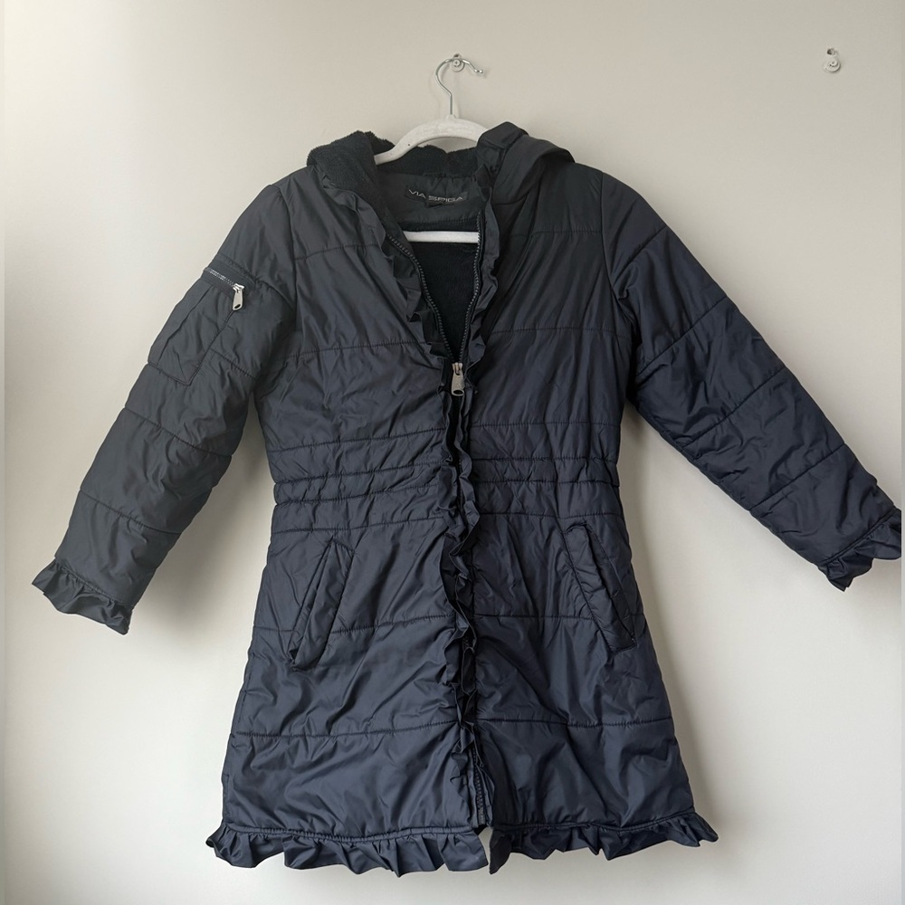 Girls Via Spiga Winter Hooded Puffer Coat with Ruffles in Navy - Size M